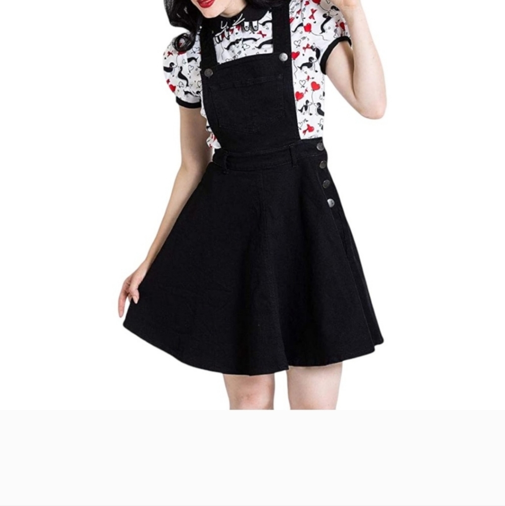 Hell Bunny Black Denim Dakota Overall Skirt 98% Cotton Women's XL/32
